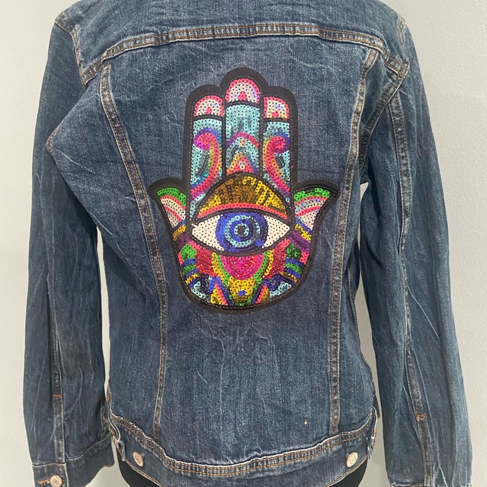 Womens old navy denim jacket with sequin Hamsa patch M